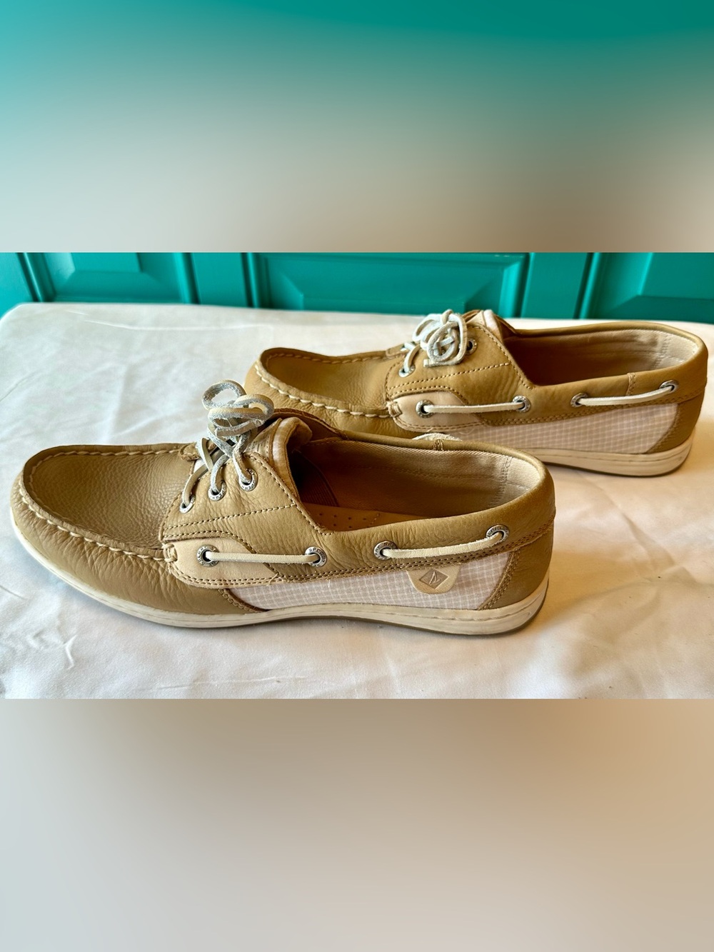 Sperry Top-Sider Angelfish Plaid Boat Shoes Size 9.5 Tan Leather Loafers Preppy